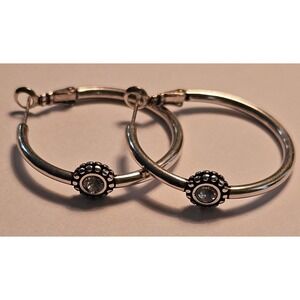 Brighton Silver Tone Crystal Beaded Hoop Earrings Round Latch Back 1.25 Inch